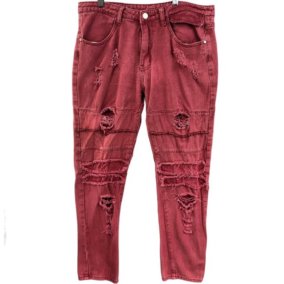 WEEN CHARM Mens Red Distressed Moto Biker / Skater Jeans Slim 32 Grunge Thrashed - Picture 1 of 10